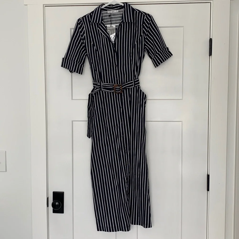 Mango Outlet Navy And White Midi Shirt Dress. - Picture 1 of 8